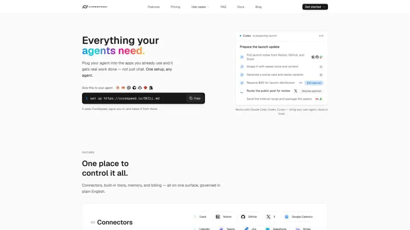 CoreSpeed homepage showing Unified Agent Platform with Spend Control