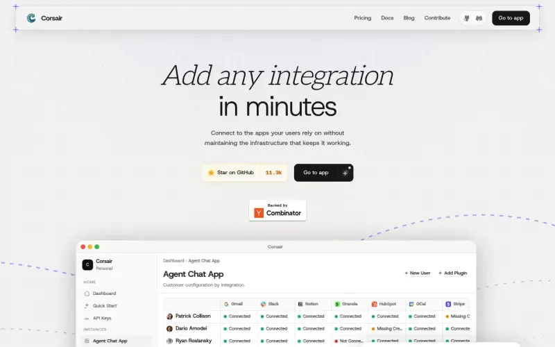 Corsair homepage showing Open Source Integration Layer for AI Agents