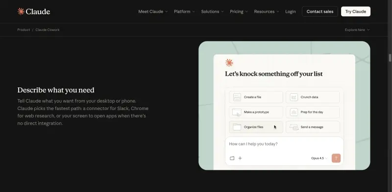 Cowork: Claude Computer Use homepage showing Boost productivity