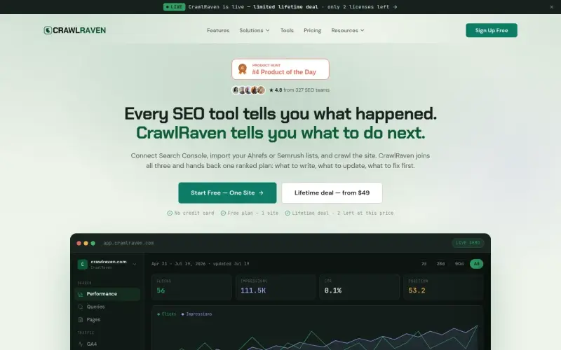 CrawlRaven homepage showing Turn Search Console data into SEO tasks