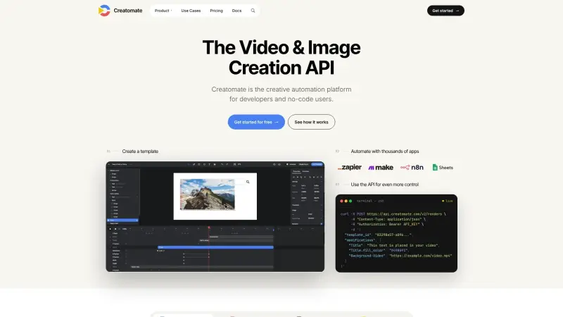 Creatomate homepage showing Turn templates into videos and images via API