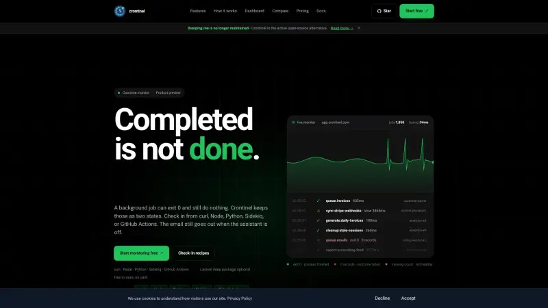 Crontinel homepage showing Start with the pages people actually search for