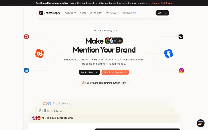 CrowdReply homepage showing AI rankings and engage where AI cites sources tracking