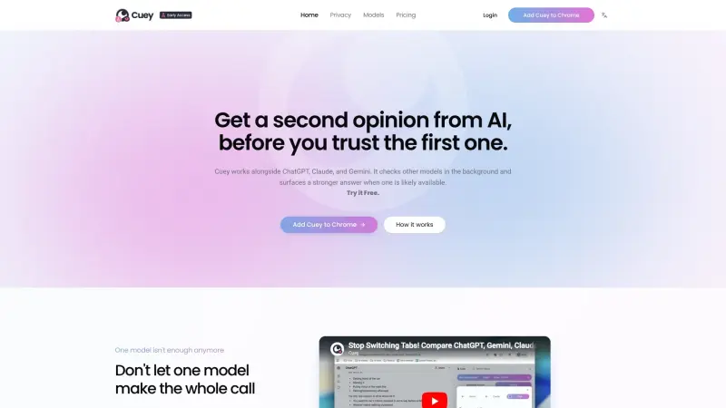 Cuey homepage screenshot - Verify AI answers across models in one workflow