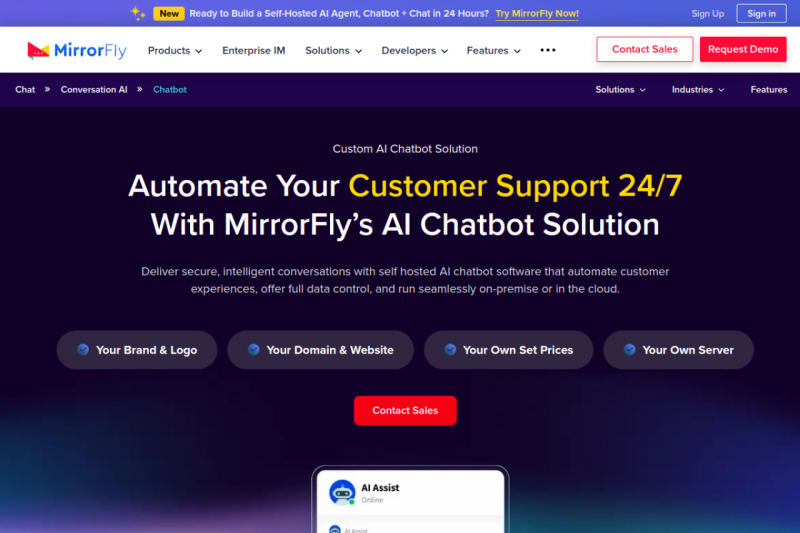 Custom AI Chatbot Solution & Software for Customer Service homepage showing Easily build and deploy AI-powered chatbots that integrate with your existing
