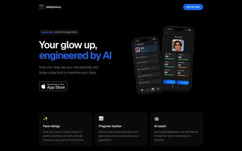 DailyGlowUp homepage showing AI app for face ratings and maximizing your looks
