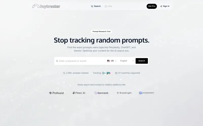 Daybreaker homepage showing Streamline your GEO process