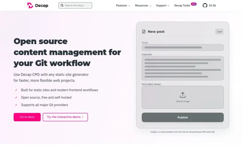 Decap CMS homepage showing Git-based content management