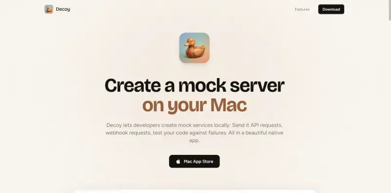Decoy homepage showing Simplify development with a lightweight, instant-start mock server for macOS