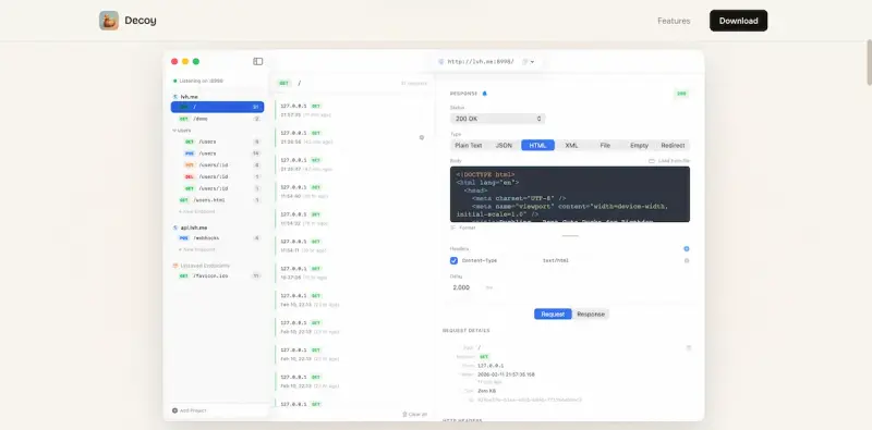 Decoy interface screenshot 2 showing Simplify development with a lightweight, instant-start mock server for macOS