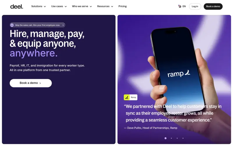 Deel homepage showing Hire, pay, and manage global teams