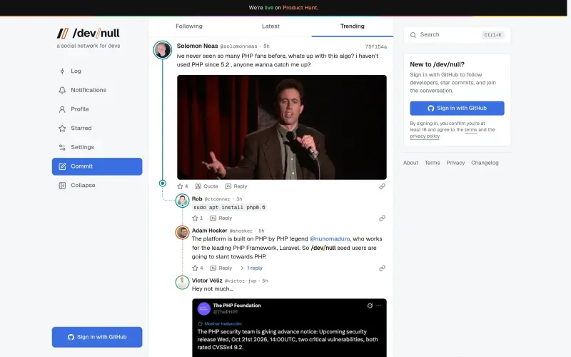 /dev/null homepage showing A web social network for devs, strictly enforcing a zero-crap policy