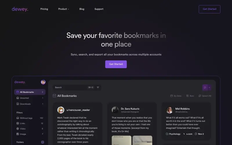 dewey. homepage showing Sync bookmarks across accounts