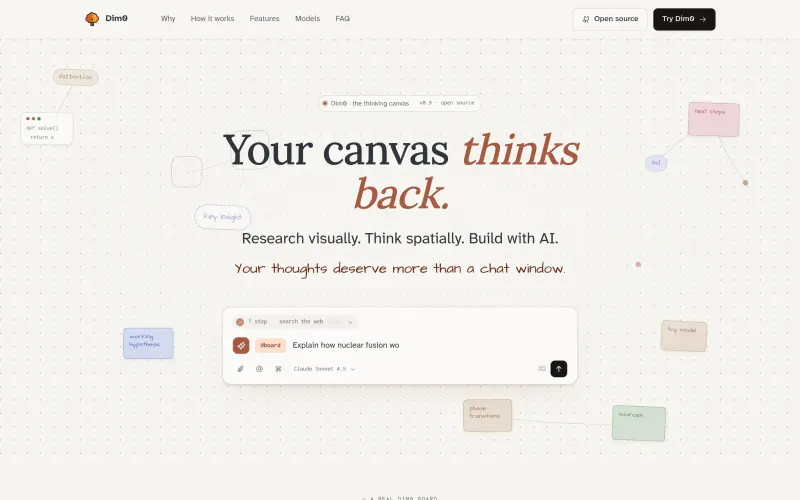 Dim0 homepage screenshot - An open-source thinking canvas where notes, code, diagrams and AI live together — research visually, think spatially