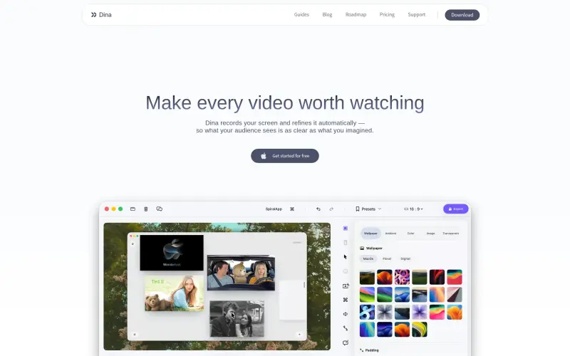 Dina homepage showing Record and refine your screen