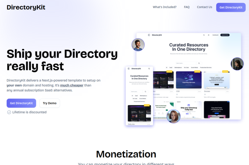 DirectoryKit homepage showing Create a fully functional directory website quickly and affordably with our
