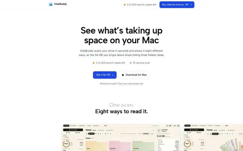 DiskBuddy homepage showing Find giant hidden files and reclaim valuable storage instantly