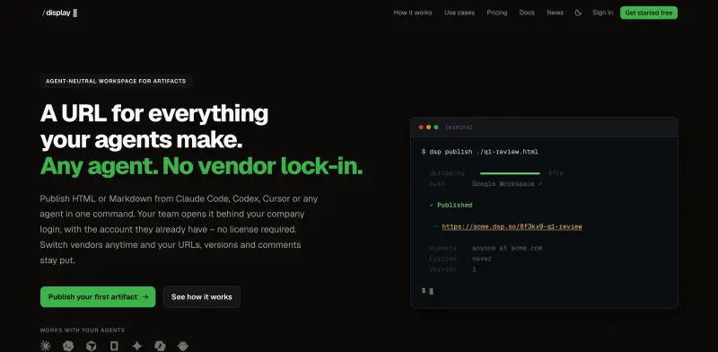 Display.dev homepage showing Agent-neutral publishing for your AI agent's work