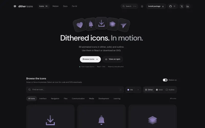 Dither Icons homepage showing Elevate your React apps with 89 original animated SVG icons