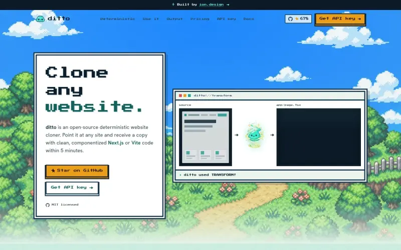 ditto.site homepage showing Clone websites to Next.js or Vite code