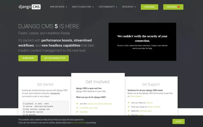 django CMS homepage showing Enterprise content management with Django