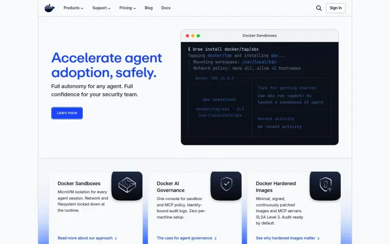 Docker homepage showing Build and run container apps