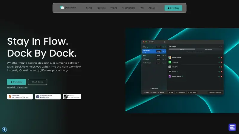 DockFlow homepage showing Save and manage multiple macOS Docks for easy workflow switching