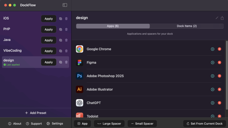 DockFlow homepage showing Switch between custom macOS Dock layouts instantly