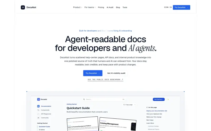 DocsAlot homepage showing Publish AI-readable docs for startups