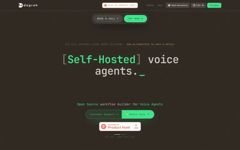 Dograh homepage showing Forkable open-source voice agents for complete infrastructure control
