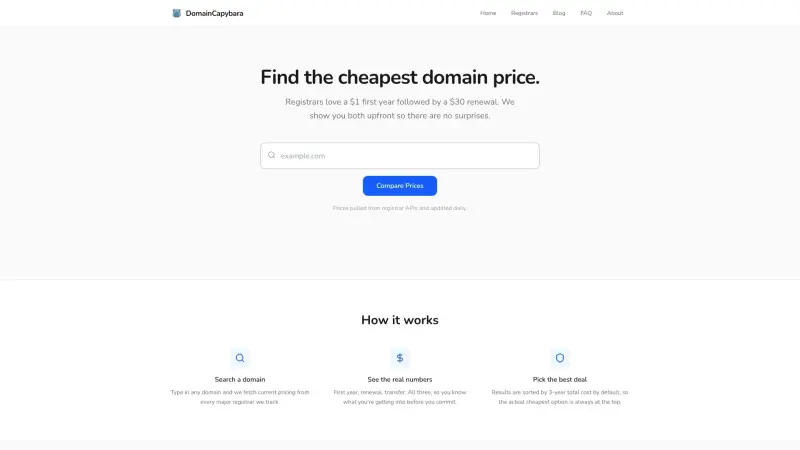 DomainCapybara homepage showing Compare domain prices