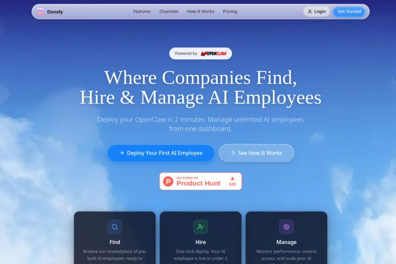 Donely homepage showing Easily deploy and manage unlimited AI employees from one dashboard, with
