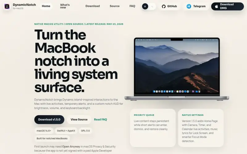 DynamicNotch homepage showing Brings dynamic interactions to Mac notches with live activities and custom