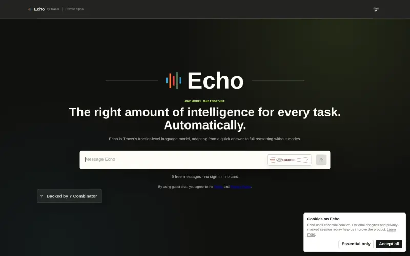 Echo by Tracer homepage showing Adaptive language model for tasks