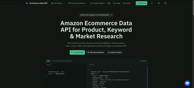 Ecommerce Data API homepage showing Amazon research data APIs for developers and AI agents