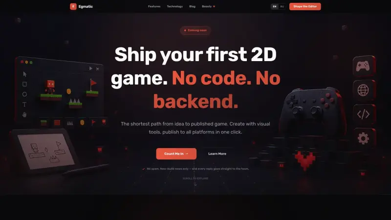 Egmatic homepage showing Visual Game Logic for indie creators to ship 2D games