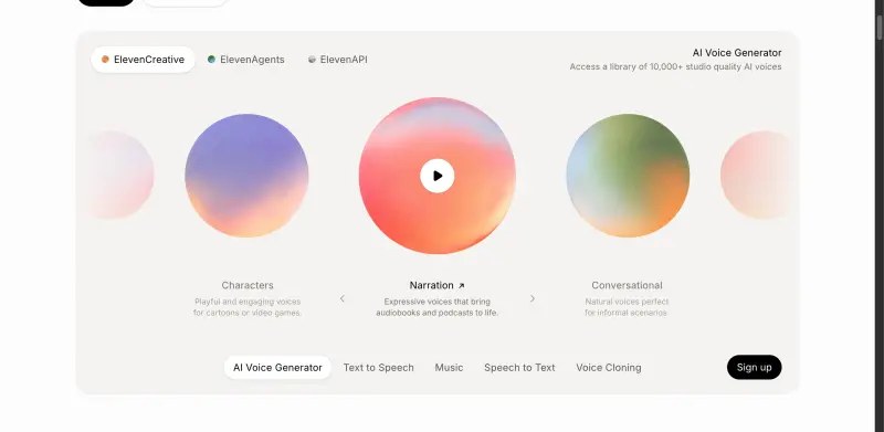 ElevenLabs homepage showing Human-quality voice cloning and audio generation platform
