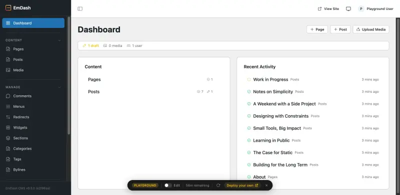 EmDash homepage showing empowers developers to create fast, flexible, and secure websites with a