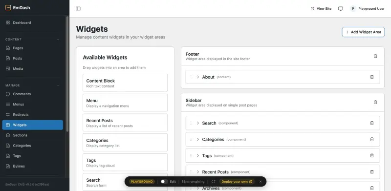 EmDash interface screenshot 2 showing empowers developers to create fast, flexible, and secure websites with a