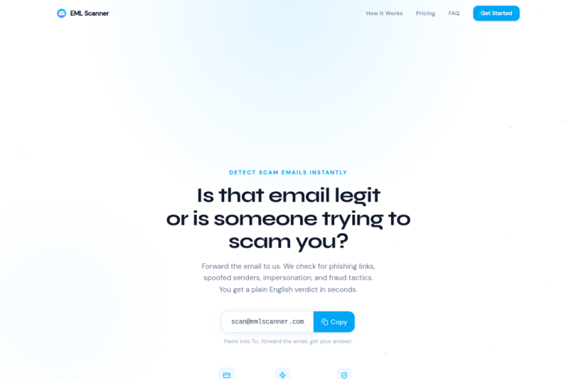 EML Scanner homepage showing Forward any suspicious email to us and get a full threat report back in