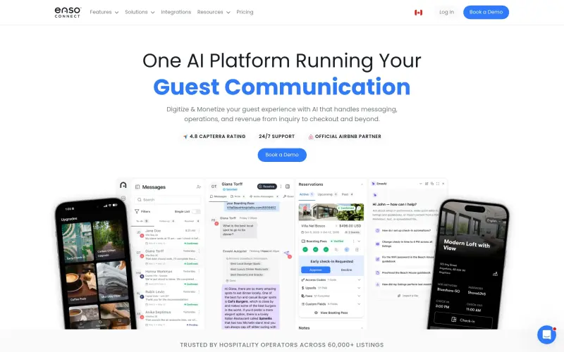 Enso Connect homepage showing Transform Your Guest Experience with AI-Powered Hospitality Solutions
