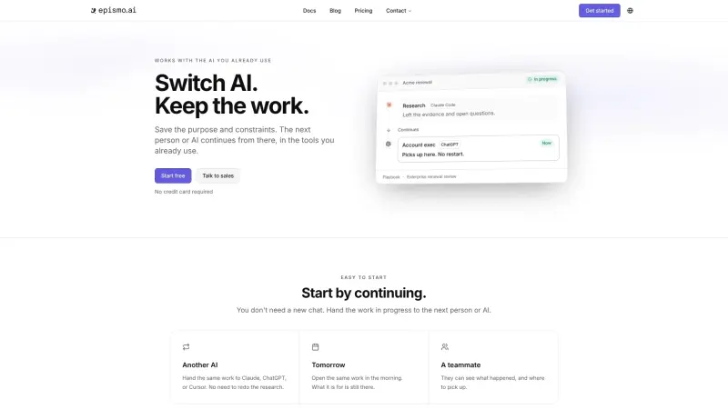 Epismo homepage showing Collaboration OS for seamless handoffs