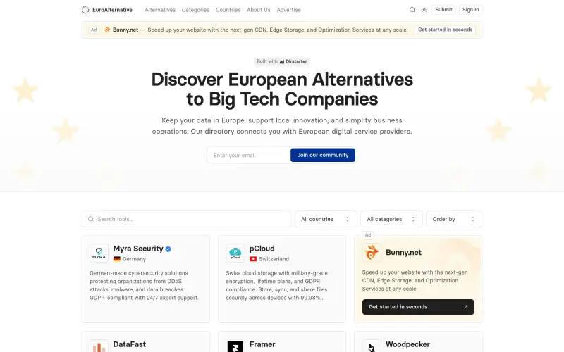 Euroalternative homepage showing Find European tech alternatives