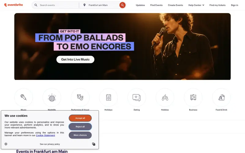 Eventbrite homepage screenshot - Find and attend local events, concerts, and activities tailored to your interests