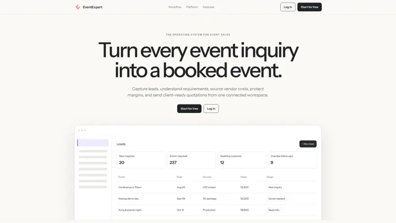 EventExpert app homepage showing Streamline event sales with expert workflow management