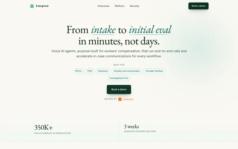 Evergrove homepage showing Voice AI agents for workers' comp intake, triage, and scheduling - cases move