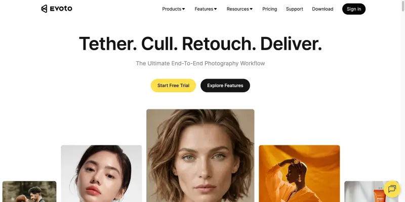 Evoto homepage showing Professional Photo Editing Made Easy with Evoto's AI Tools