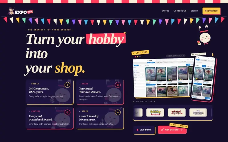 expoTCG homepage showing Launch online TCG stores instantly