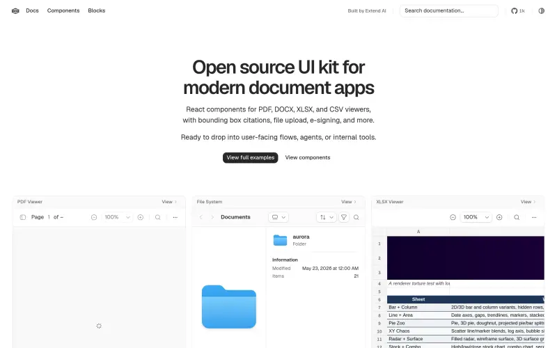 Extend UI homepage showing React components for document viewers