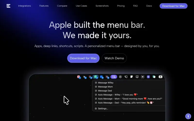 ExtraBar homepage showing A different Mac menu bar manager